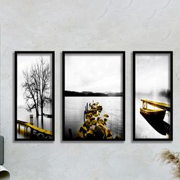 SAF Black & White Water 3 Pieces Bridge & Tree Wall Painted UV Coating Wall Art-image-87