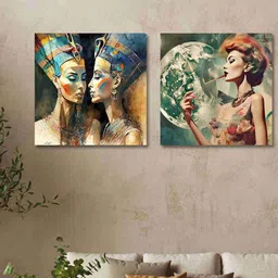 SAF 2 Pcs Brown & Blue Modern Art Woman Painting Canvas Wall Art-23