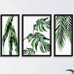SAF 3 Pieces Green & White Tropical Leaves Painting Wall Art-6