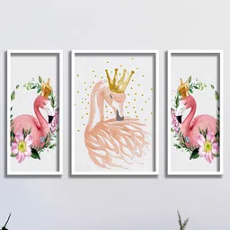 SAF White & Pink 3 Pieces Flamingo Theme UV Coating Wall Art-12