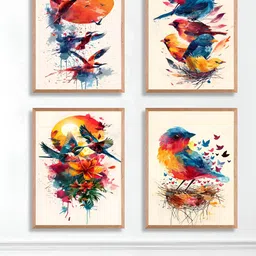 SAF Beige & Red 4 Pieces Synthetic Wooden Birds and Animals Paintings Wall Art-image-59