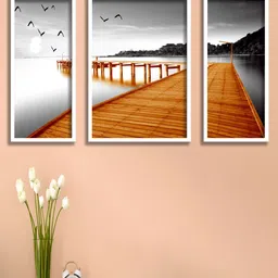 SAF Grey & Beige 3 Pieces Water Bridge & Birds Painted UV Coating Wall Art-4