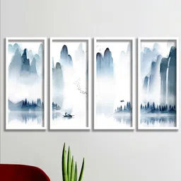 SAF 4-Pcs White & Blue Modern Painting Wall Art-27