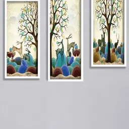 SAF Blue & Cream-Colored 3 Pieces Deer and Tree Painting Framed UV Coating Wall Arts-image-93