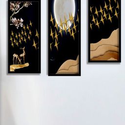 SAF Black & Beige 3 Pieces Deer And Birds Painting Water Proof Wall Arts-image-42