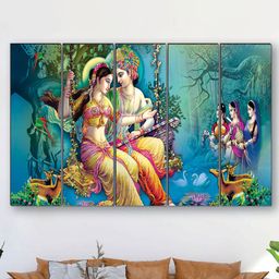 SAF Blue & Green 5 Pieces Radha Krishna UV Textured Painting Framed Wall Art-image-65