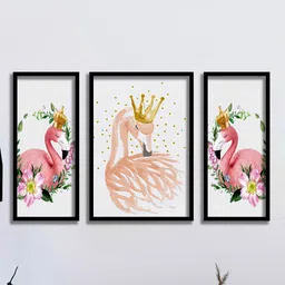 SAF 3 Pieces Pink & White Flamingo Wall Painting-12