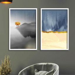 SAF 2-Pcs White & Blue Abstract Painted 300 GSM Paper Wall Art-31