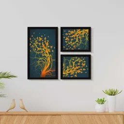 999Store Navy Blue & Orange Colored 3 Pieces Floral Painting Wall Art-image-7