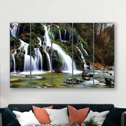 SAF Green & White 5 Pieces Waterfall UV Textured MDF Wall Art Painting-35