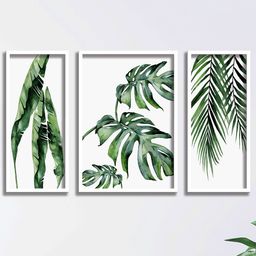 SAF White & Green 3 Pieces Tropical Leaves Printed UV Coating Wall Art-31