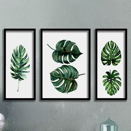 SAF 3 Pieces Green & White Tropical Leaves Painting Wall Art-7