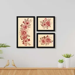 999Store 3 Pieces Beige & Red Rose Printed Framed Wall Art Painting-image-3