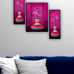 SAF Pink & Purple 3 Pieces Flower Pot Painting Wall Art-picture-32