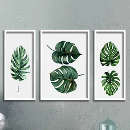 SAF White and Yellow 3 Pieces Tropical Leaves Painted  Framed Wall Art-image-31