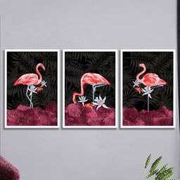 SAF Pink & Black 3 Pieces Flamingo Painting Framed Wall Art-image-41