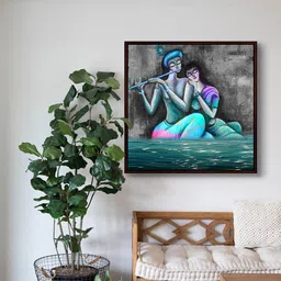 999Store Grey & Blue Radha Krishna Playing Flute Canvas Wall Art-image-80