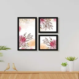 999Store White & Pink 3 Pieces Floral Water Color Printed Framed Painting Wall Art-image-23