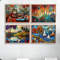 SAF Red & Blue 4 Piece Synthetic Wooden Birds and Animals Painting Wall Art-12