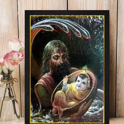 Gallery99 Green & Yellow Vasudev Carrying Krishna Texture Paper Framed Wall Art-image-44