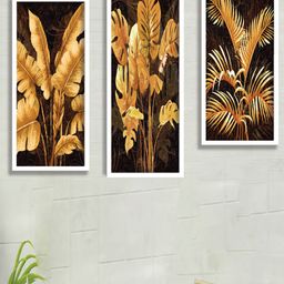 SAF Yellow & Black 3 Pieces Golden Tropical Leaves Painting Framed Wall Art-image-65