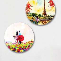 SAF Green & Yellow 2 Pieces Romantic Couples Round Shape Framed Painting Wall Art-24