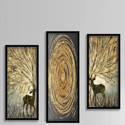 SAF Grey & Brown 3 Pieces Deer Framed Painting Wall Art-18