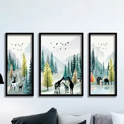 SAF White & Green 3-Pieces Tropical Tree and Deer Printed UV Coating Wall Art-image-11