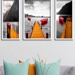 SAF Grey & White 3 Pieces Water Bridge And Boat Painted UV Coating Wall Art-image-3