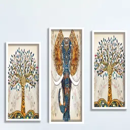SAF Cream-Colored & Mustard 3 Pieces Elephant & Tree Painting Framed UV Coating Wall Arts-image-24
