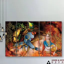 SAF Orange-Colored & Blue 5 Pieces Radha Krishna UV Textured MDF Wall Art Painting-42