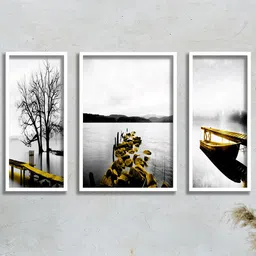 SAF 3 Pieces Grey & Black Water Bridge And Tree Painting UV Coating Wall Art-38