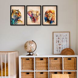 999Store Brown & Blue 3 Pieces Tiger Elephant Lion Printed UV Coating Painting Wall Art-image-1