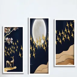 SAF Blue & White 3 Pieces Golden Deer And Birds Framed Painting Wall Arts-image-37