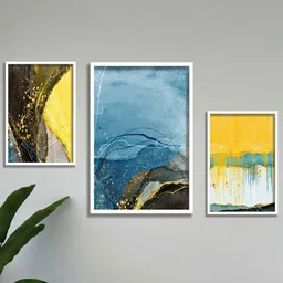 SAF Blue & Yellow 3 Pieces Abstract Printed Framed Wall Art-image-79