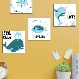 WENS Set of 4 White and Blue Underwater Creatures Wall Panels-22