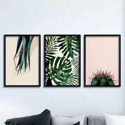 SAF Green & Pink 3-Pieces Tropical Leaves Printed Framed Wall Art-11