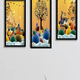 SAF Yellow & Blue 3 Pieces Deer and Tree Abstract Painting Water Proof Wall Arts-7