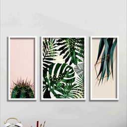 SAF Green & White 3-Pieces Tropical Leaves Printed Framed Wall Art-image-83