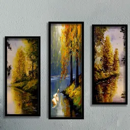 SAF Green & Blue 3 Pieces Water And Tree Painting Water Proof Wall Arts-6