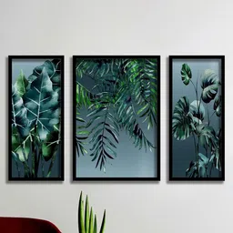 SAF Green & Grey 3 Pieces Tropical Leaves Painted Wall Art-21