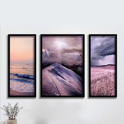 SAF Purple & Grey 3 Pieces Sea Waves & Mountain Painted Framed Wall Art-image-80