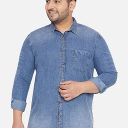 John Pride Plus Size Men Blue Faded Denim Shirt-20
