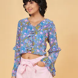 People Blue Floral Printed V-Neck Ruffles Casual Top-image-102
