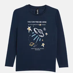 Maniac Boys Navy Blue & White Printed Slim Fit Pure Cotton T-shirt-image-58