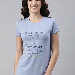 Enamor Women Blue Typography Printed Slim Fit Cotton T-shirt-image-99