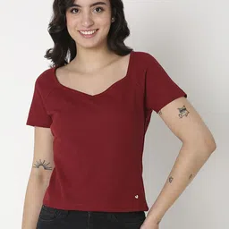 SPYKAR Women Solid V-Neck Cotton Slim Fit T-Shirt-picture-21