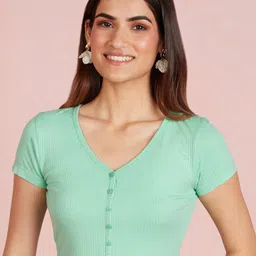 20Dresses Green V-Neck Short Sleeves Ribbed Crop Top-image-52