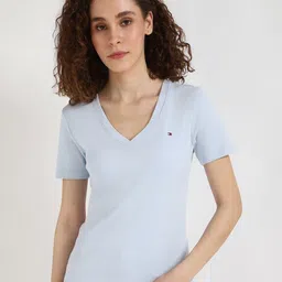 Tommy Hilfiger Women Solid V-Neck Cotton T-shirt-image-82