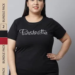 UnaOne Plus Size Pack of 2 Typography Printed Pure Cotton Slim Fit T-shirts-image-44